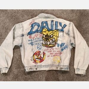 Vintage DAILY JEANS Graffiti Style Art Button Up Rare Jean Jacket